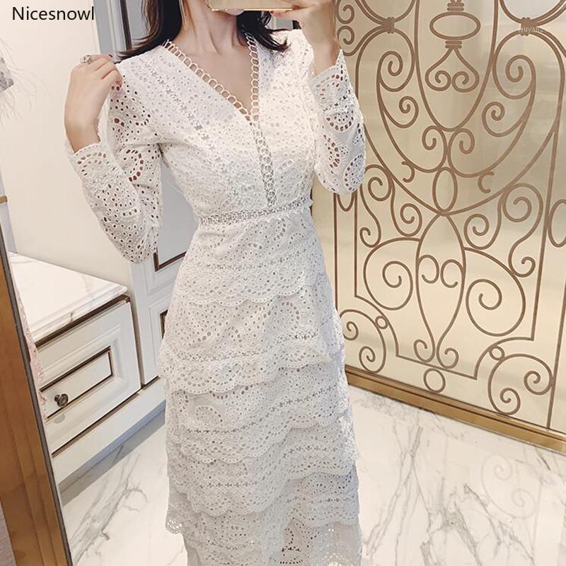 

Women Sexy Deep V-Neck Layers Ruffles Party Dress 2020 self portrait Summer Hollow Out Lace Long Sleeve Maxi Cake Dress -XXL1, Picture color