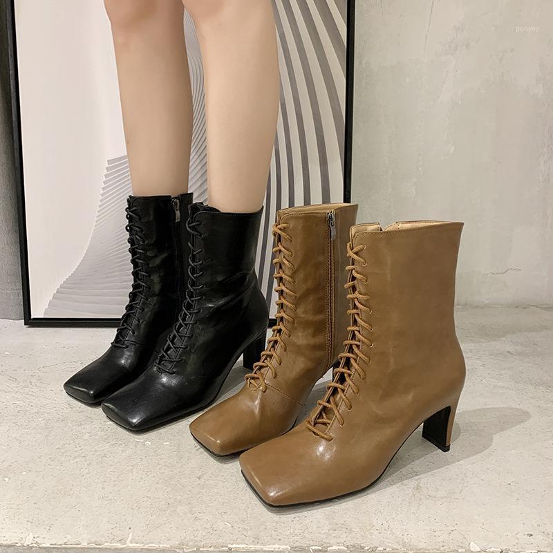 

Leather Mid Calf Boots for Women Autumn Winter Cross Strips Vintage Women Punk Boots Shoes Ladies High Heels Woman1, Black