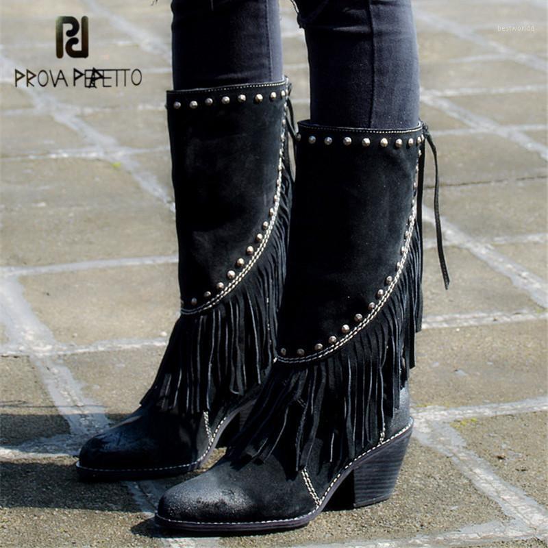 

Prova Perfetto Black Fringed Women High Boots Suede Tassels Chunky High Heel Long Boot Tassels Rivets Platform Rubber Botas1