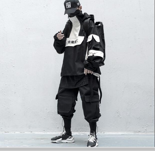 

DARK Patchwork Hip Hop Streetwear Hoodies Men Color Block Mulit Pockets Harajuku Japanese Hooded Jackets Coats, Gray