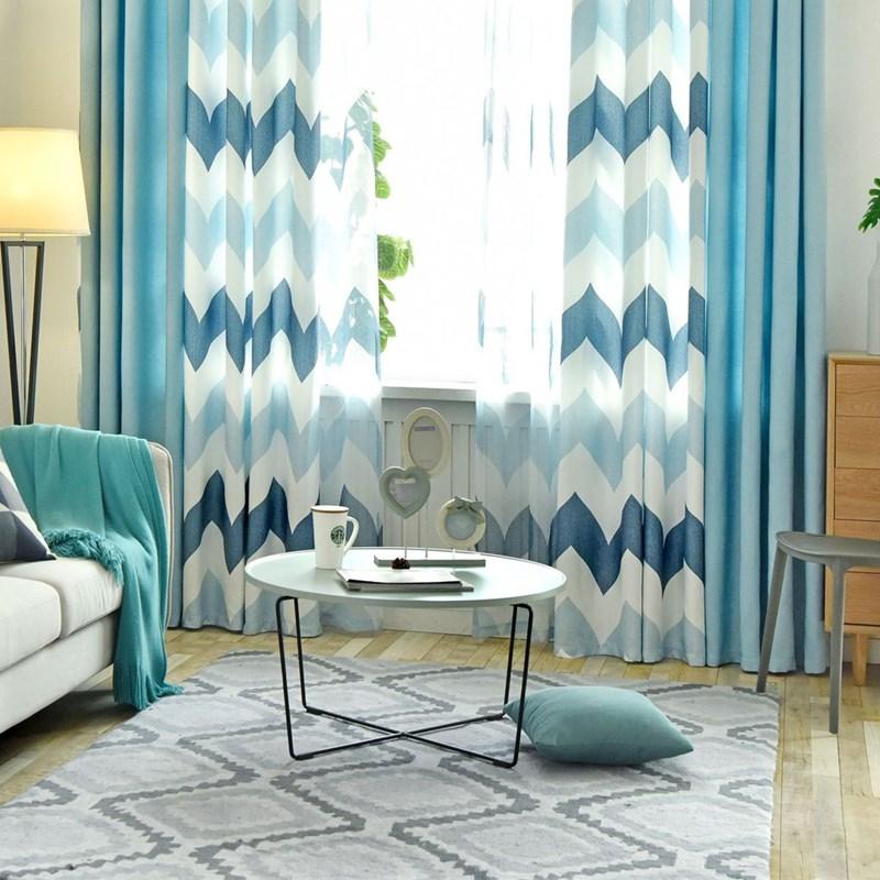 

Living Room Curtains Strip Blue Strip Stitching French Curtains Hotel Home Use Grey Printed Blackout Bedroom, Blue tulle curtain