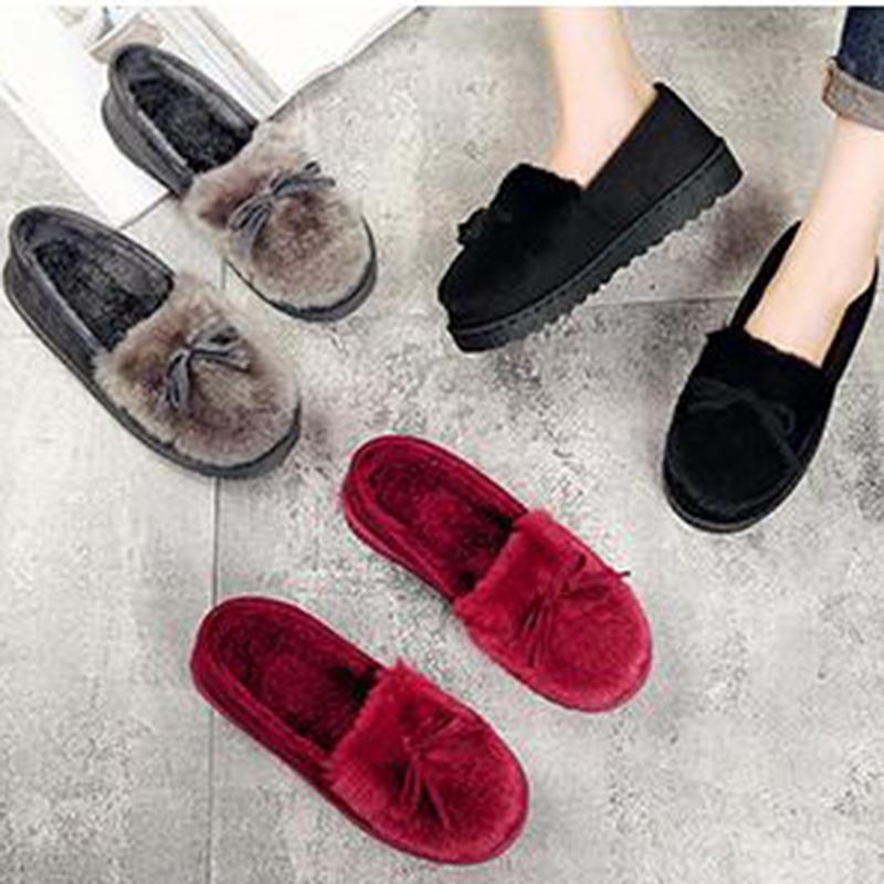 

Winter Platform Shoes Women Outdoor Home Slippers Female Winter Fur Slides House Sandals Fuzzy Slippers Ladies Cute Bow Loafers, Black
