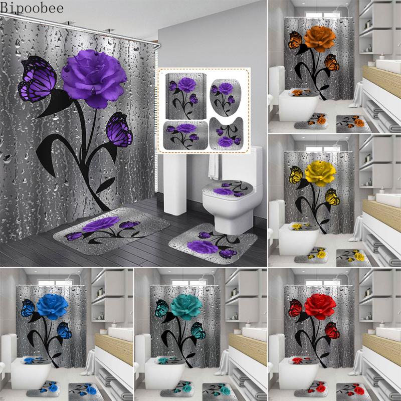 

Bipoobee Rose Butterfly 3D Print Bathroom Set Shower Curtain and Rug Sets Raindrop Flower Anti-slip Carpet Flannel Bath Mat