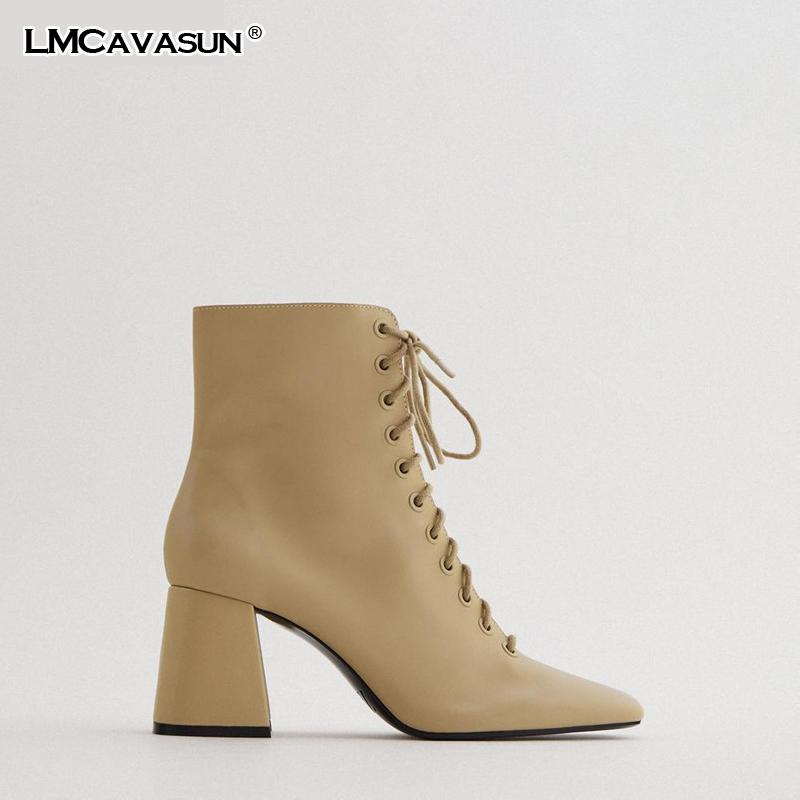 

LMCAVASUN TRF Women's Shoes Autumn Brown Boots Lace up with side Zippers Boots Leather High heel Chunky Short boot for Female