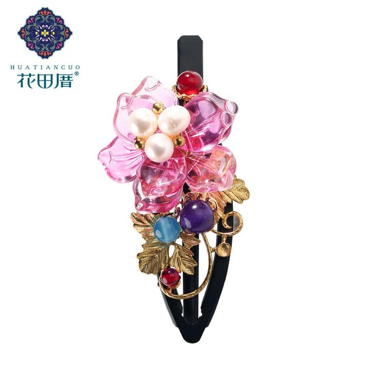 

Ethnic Copper Vine and leaf Lamp work flower Hair Pin for Women Pink Flower Lampwork petals Pearl copper vine and Leaf FJ-18018