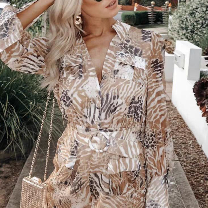 

2021 New Spring Fashion Printed Ladies Long Puff Sleeve Turn-down Leopard Woman Dress with Fall Belt Rkeh, Picture color