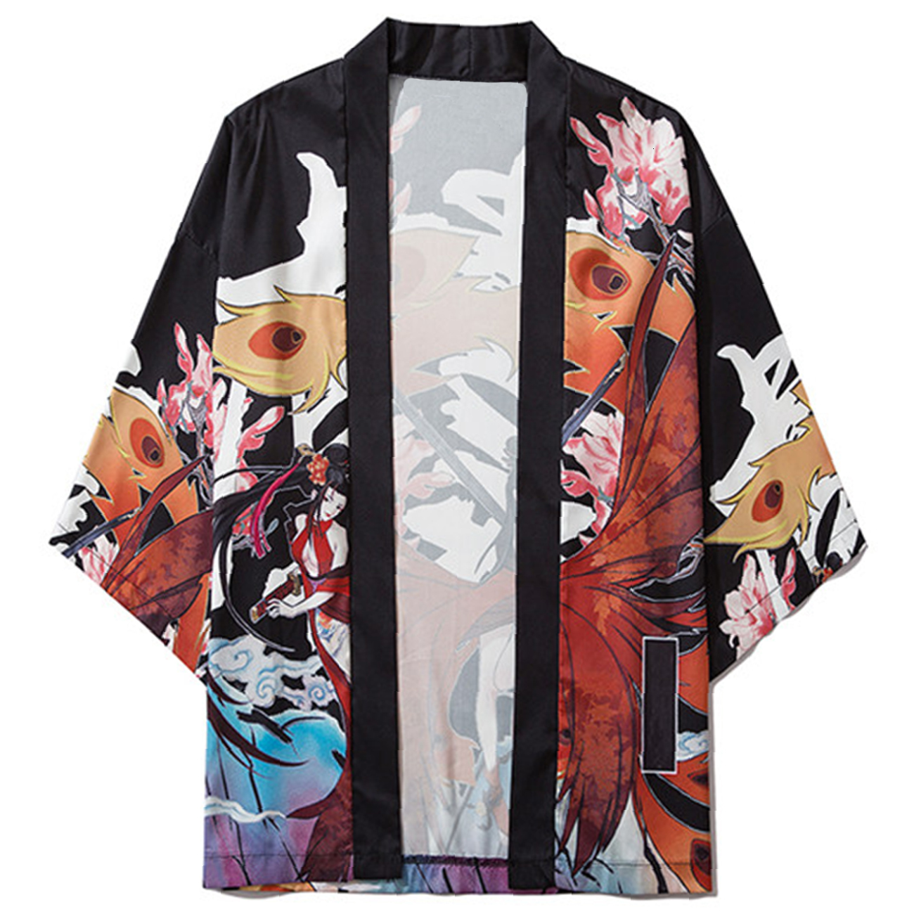 

2021 New Aelfric Eden Japanese Kimono Jacket Men Fox Warrioress Print Front Open Coats Summer Japan Streetwear Loose Shirts Harajuku 0801, Black