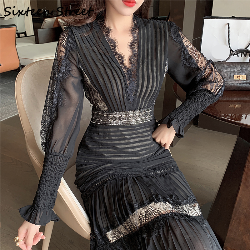

2021 Black Dress Solid Lace for the Woman with Long Sleeve Cleavage Dressed Lady Elegant Shreds of Vintage White Dresses New Female 8601