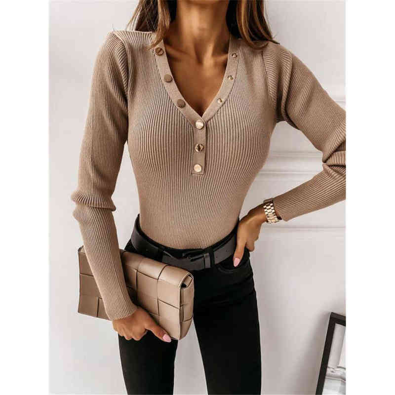 

Long-sleeved V-neck Button-decorated Solid Color Bottoming Shirt Chic Pullover Top 2022 Spring and Autumn Women's Clothing H1230, Khaki