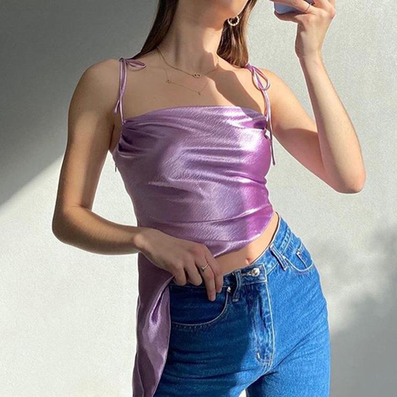 

Women Sexy Vintage Satin Irregular Camis Tank Tops Sleeveless Lace Up Ruched Solid Slim Fit Club Holiday Casual Elegant Crop Top, Beige