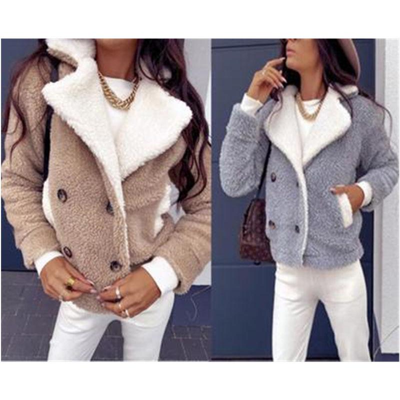 

Womens Lamb Wool Coat Fashion Occident Trend Button Thicken Fur Collar Jackets Designer Female Winter New Casual All-match Slim Outerwear, Gray