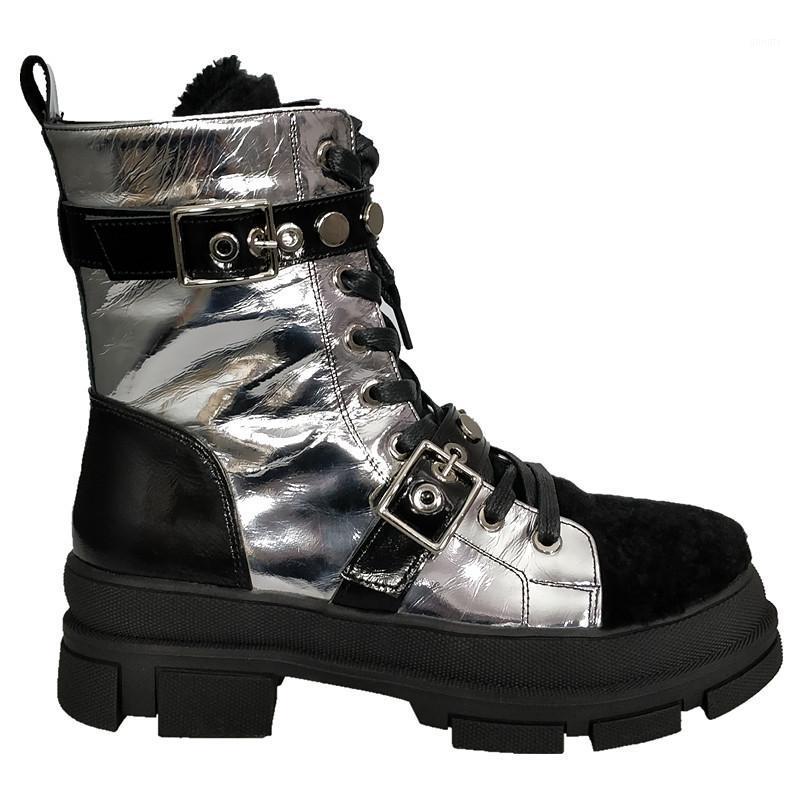 

Women's Boots Winter Warm Genuine Leather Round Toe Platform Shoes Chunky Heels For Woman1, Black