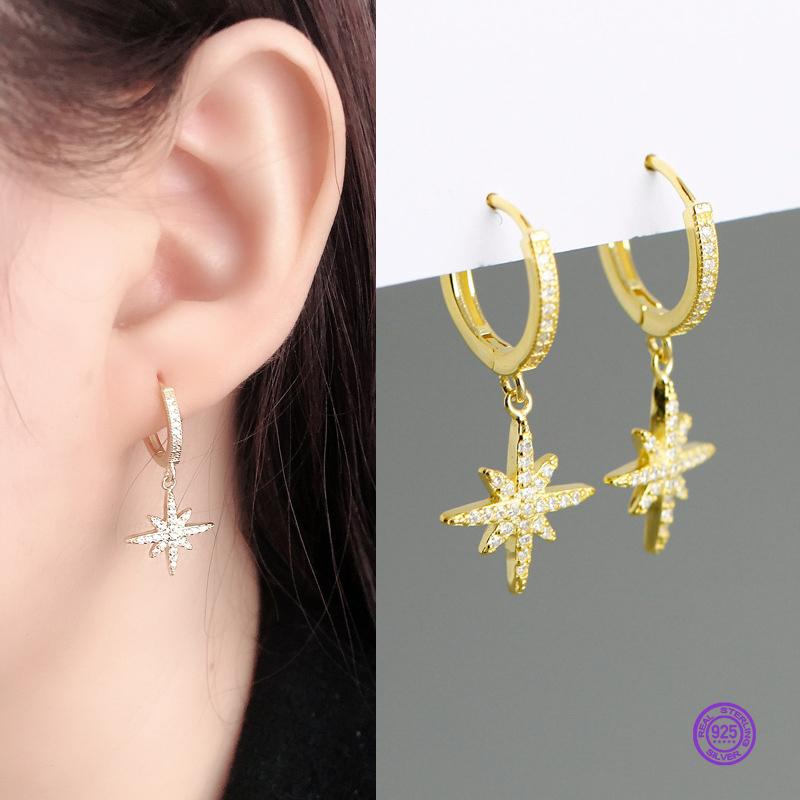 

for women Ear buckle gold diamond octagonal star 925 sterling silver earrings hoop ear ring flashing star fashion Fine jewelry