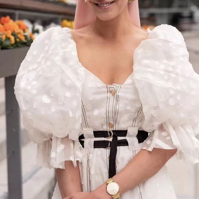 

2021 Spring in White Mesh Woman Low-cut v Puff Fashion Party Dress Women with Waistband Summer Clothes C9f2