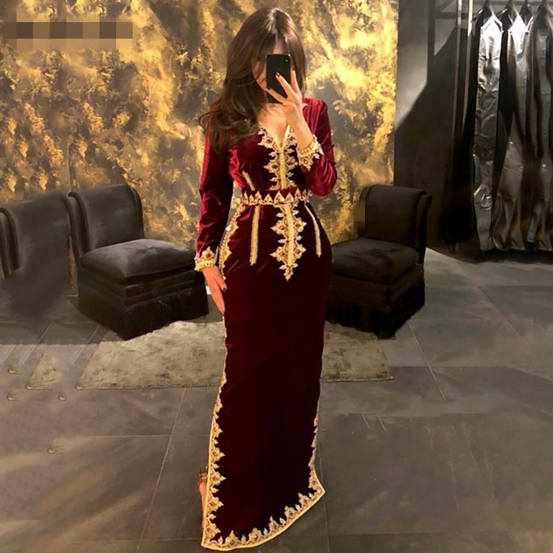 

Morocco Caftan Evening gowns V Neck Mermaid Prom Dresses side slit Velvet gold lace applique Long Sleeves Formal Evening Party Dress, Sage