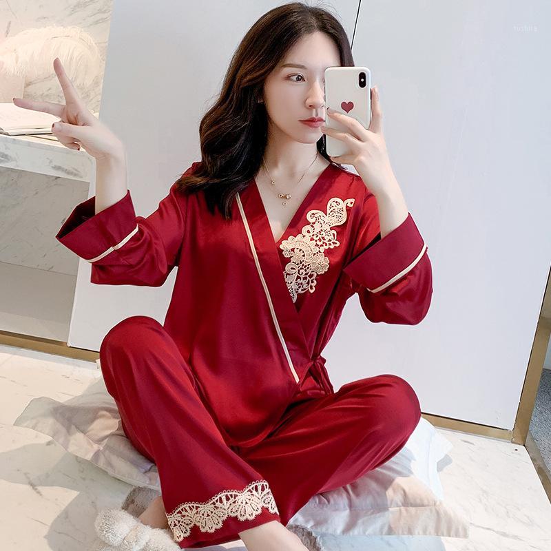 

Womens Pajama Set Summer Long Sleeve Long Pants Silk Context Set Pajamas Female Lace Pajamas Leisure Tops Women1, White