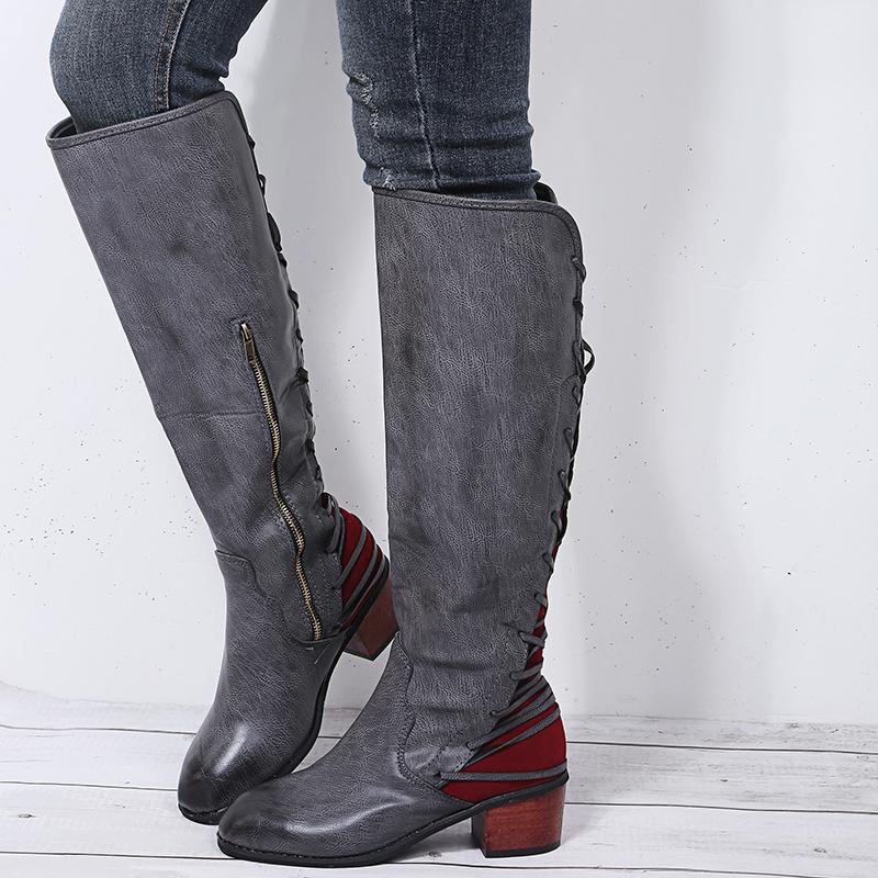 

2020 Women Knee-High Boots Thick Heel Boots Retro Western Cowboy Female Winter Leather Booties Botas Mujer, Gray
