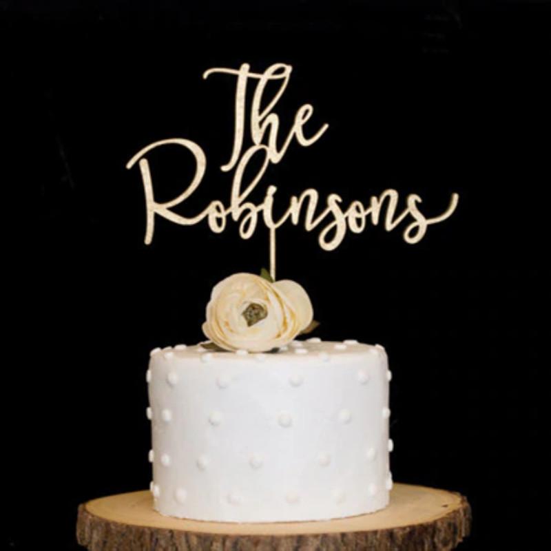 

Custom Family Name Wedding Cake Topper Wood Arcylic Glitter Paper Cake Topper for Wedding Birthday Party Flag