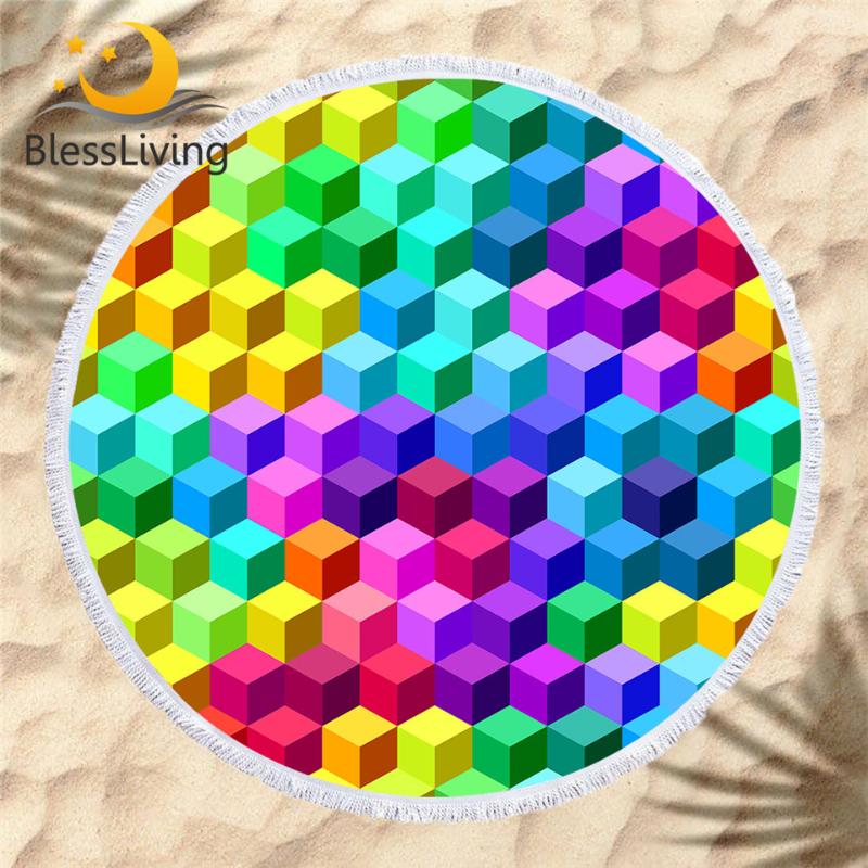 

BlessLiving Geometric Beach Towel Rainbow Colorful Round Bath Towel Girls Toalla Stereoscopic Checkered Summer Beach Mat 150cm