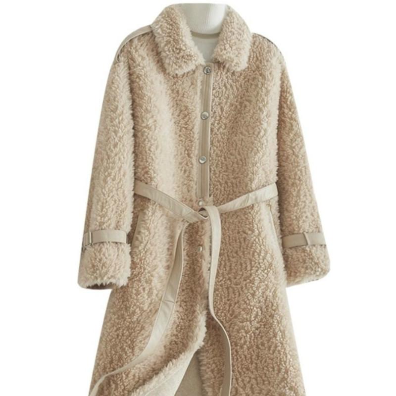 

2021 Women Winter New Warm Natrual Fur Coat Ladies Casual Sheep Shearing Jacket Female Thick Fur Genuine Lamb Outerwear B167, Beige