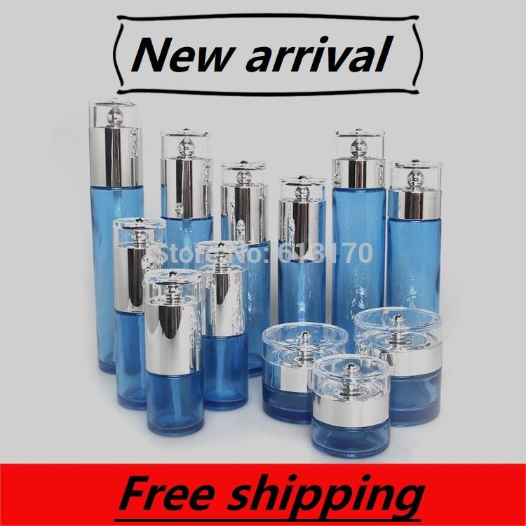 

120ml,100ml,60ml,20ml Blue Glass Lotion Pump Bottle,Silver Water Drip Cap,30g,50g Empty Cream Jar,Cosmetic Packing Bottle