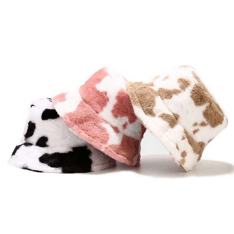 

New Winter Cow Print Plush Bucket Hats for Women Tourism Outdoor Warm Hat Soft Velvet Fisherman Cap Lady Fashion Panama Present, Color 1