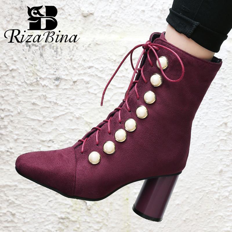 

RIZABINA Fashion Beads Ankle Boots For Women Zipper Cross Strap High Heels Shoes Women Winter Warm Footwear Plus Size 32-48, Black