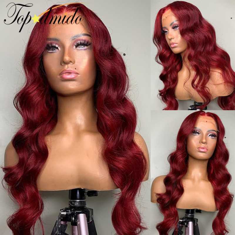 

Topodmido Dark Red Pure Color Brazilian Hair Lace Front Wigs 150 Density 13x6 Body Wave Remy Human Hair Lace Front Glueless Wig, As pic