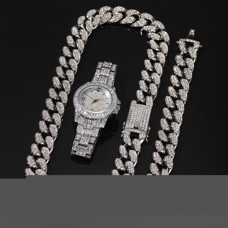 

3pcs/set Men Hip hop iced out bling Chain Necklace Bracelets watch 20mm width cuban Chains Necklaces Hiphop charm jewelry gifts