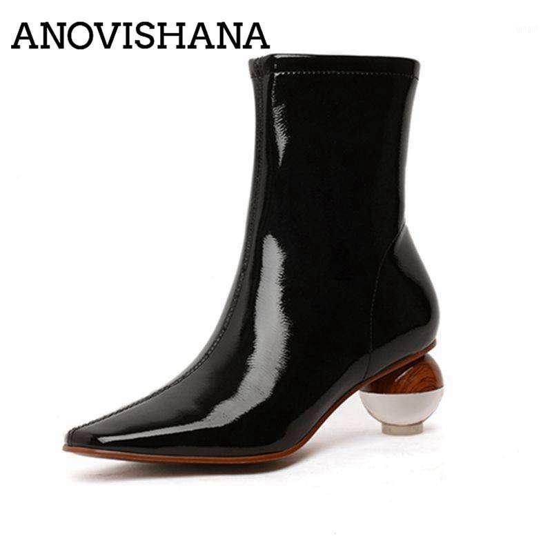 

ANOVISHANA Ankle Boots For Women Strange Heels Pointed Toe Zipper Solid Patent Leather Booties Big Size 33-43 Female Mujer B15451, Beige white pu