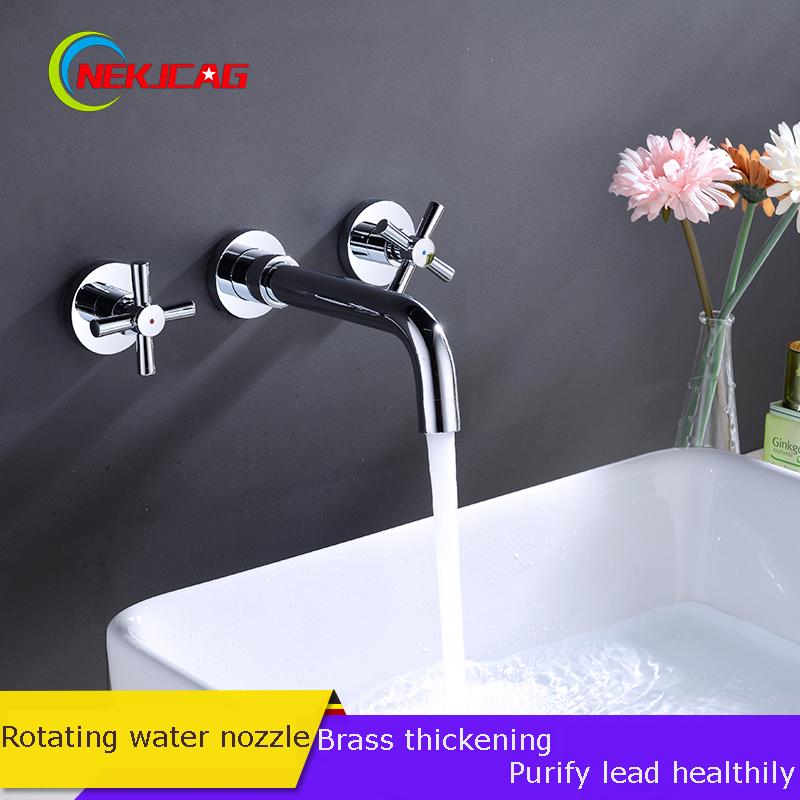 

Chrome Wall Mounted Bathroom Kitchen Faucet Dual Handle Basin Sink Mixer Swivel Spout Hot Cold Water Tap 1 Install Hole Faucet