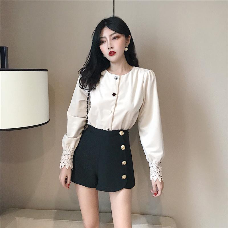 

Women's Spring and Autumn Shirts Niche Shirts Korean Hollow Lace Long Sleeve Tops Summer New Slim Wild Shirt Women PL170, Black