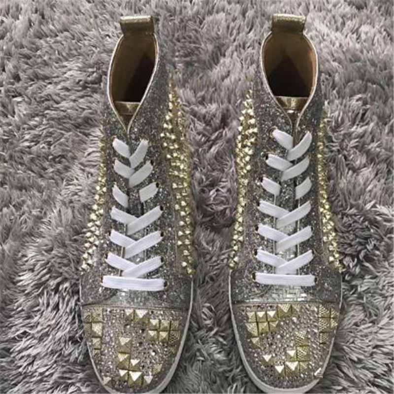 

Famous Gold Shiny Leather & Spikes Red Bottom Sneakers Men Women High Top Luxury Party Wedding Limited Skateborad Walking BOX,EU35-47