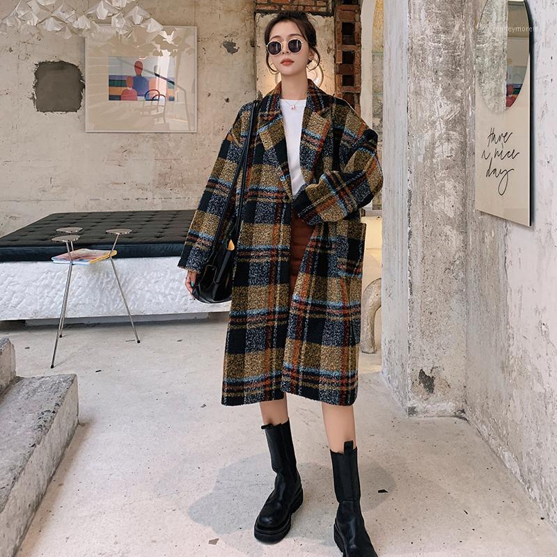 

Winter Woolen Coat Female Long Style Retro Hit Color Plaid 2020 New Suit Collar Single-breasted Loose Long Sleeve Women Jacket2R1, Photo color