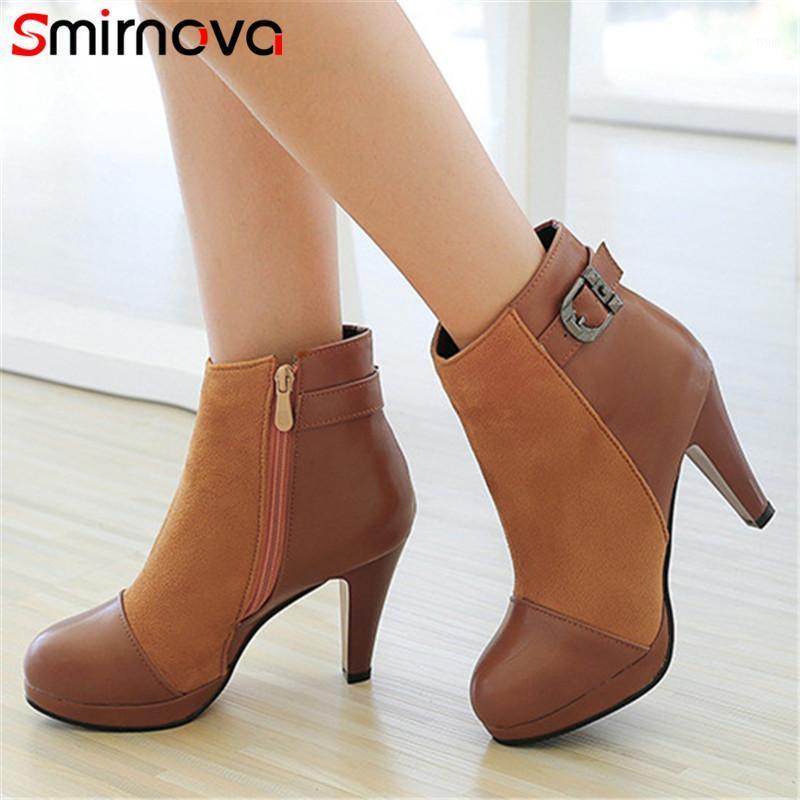 

Smirnova 2020 plus size 34-46 vintage thin heel platform shoes women boots round toe pu flock buckle classic ankle boots woman1, Black