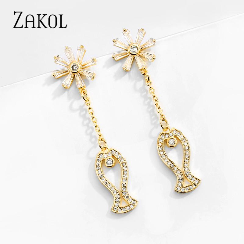 

Dangle & Chandelier ZAKOL Est CZ Zirconia Flower Long Chain Earrings For Elegant Women Fashion Crystal Fish Party Jewelry Gift FAEP089