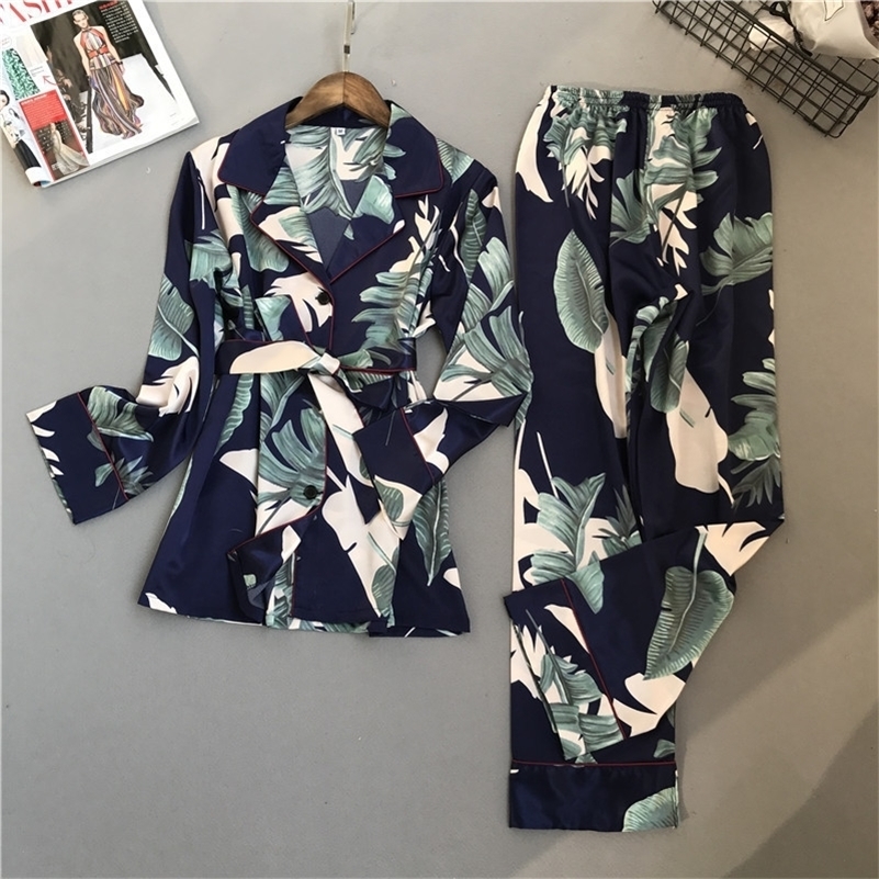 

Autumn Printing Pattern Women Pajama Set Rayon Sleepwear Long Sleeve Trousers Two Paper Suit 201113, White