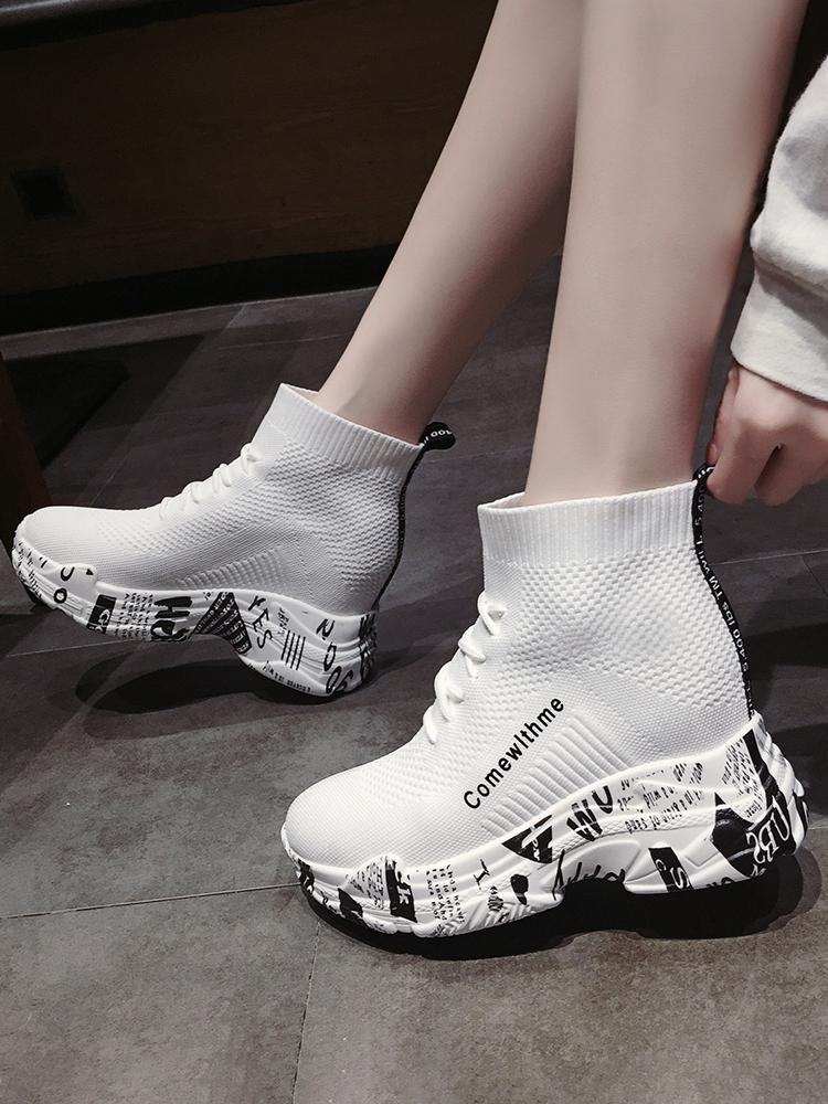 

High-heeled sneakers 2020 new women autumn thick-soled leisure laps to increase the Internet celebrity elastic socks shoes, Black