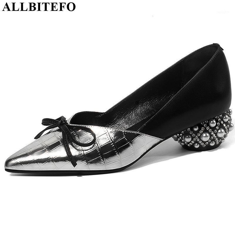 

ALLBITEFO Rhinestone heel full genuine leather thick heel party women shoes women high shoes brand high heels heels1, As picture