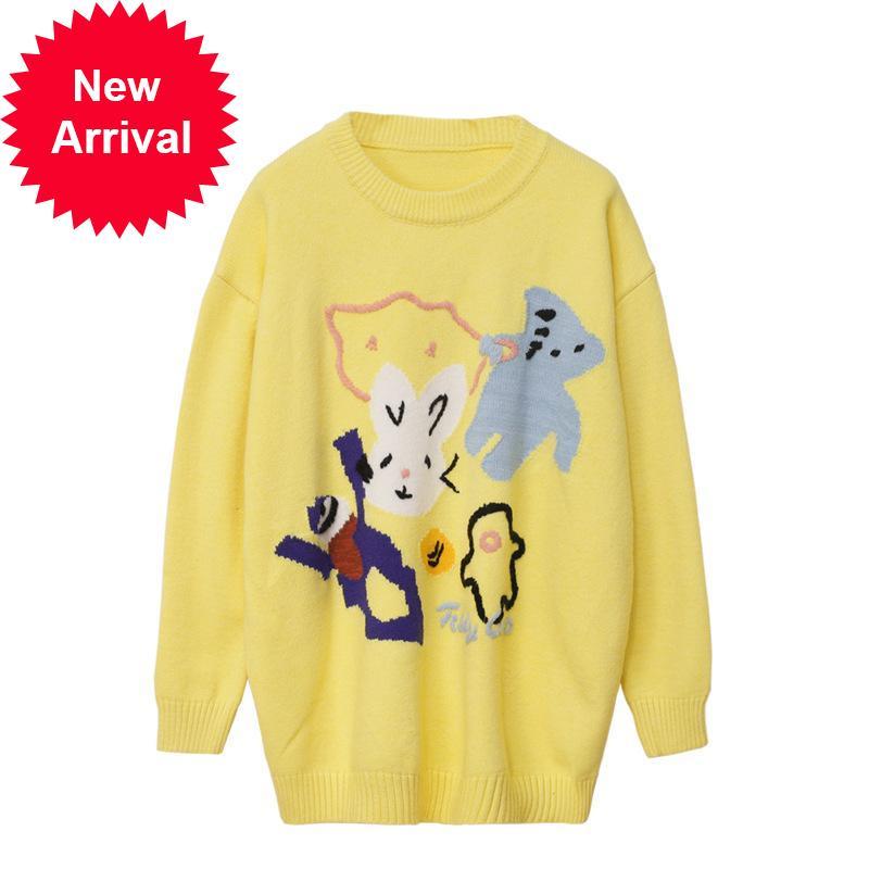 

2021 New Autumn Winter Fashion Rabbit Pattern Women's Sweaters The-neck Long Sleeve Nice Sweet Lazy Crochet Pullovers Tops R8zz, Yellow