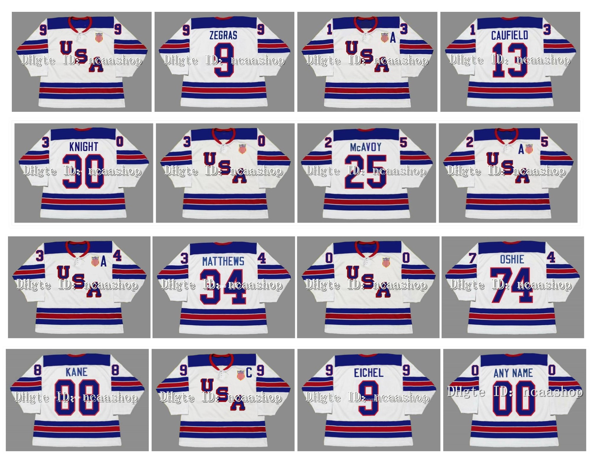 

9 Trevor Zegras Team USA Hockey Jersey 13 COLE CAUFIELD 34 Auston Matthews CHARLIE McAVOY 9 JACK EICHEL 88 Patrick Kane 30 Spencer Knight 74 TJ OSHIE 8 Adam Fox 2014, Custom name number