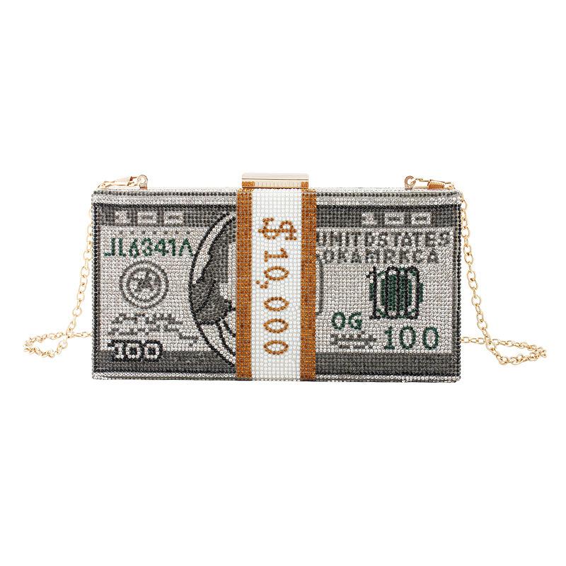 

2020 Luxury USD Dollars Money Rhinestone Evening Bag For Women Bling Crystal Chain Messenger Bag For phone Wallet Handbags, Black