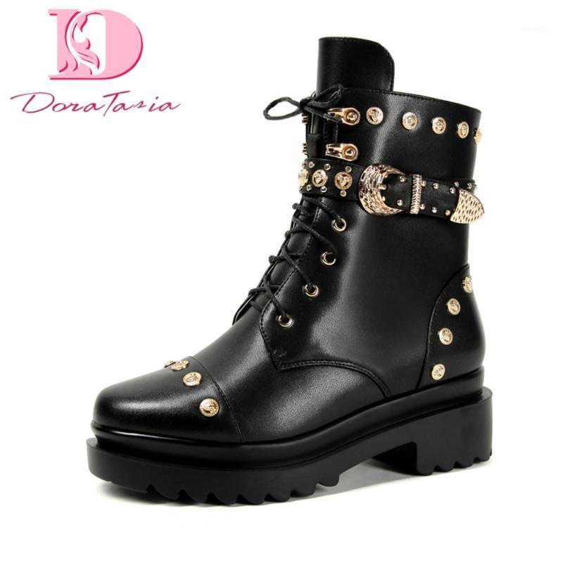 

Doratasia 2020 Genuine Leather Boots Rivet Cow Leather Woman Shoes Chunky Heels Boots Women Shoes Woman1, Black