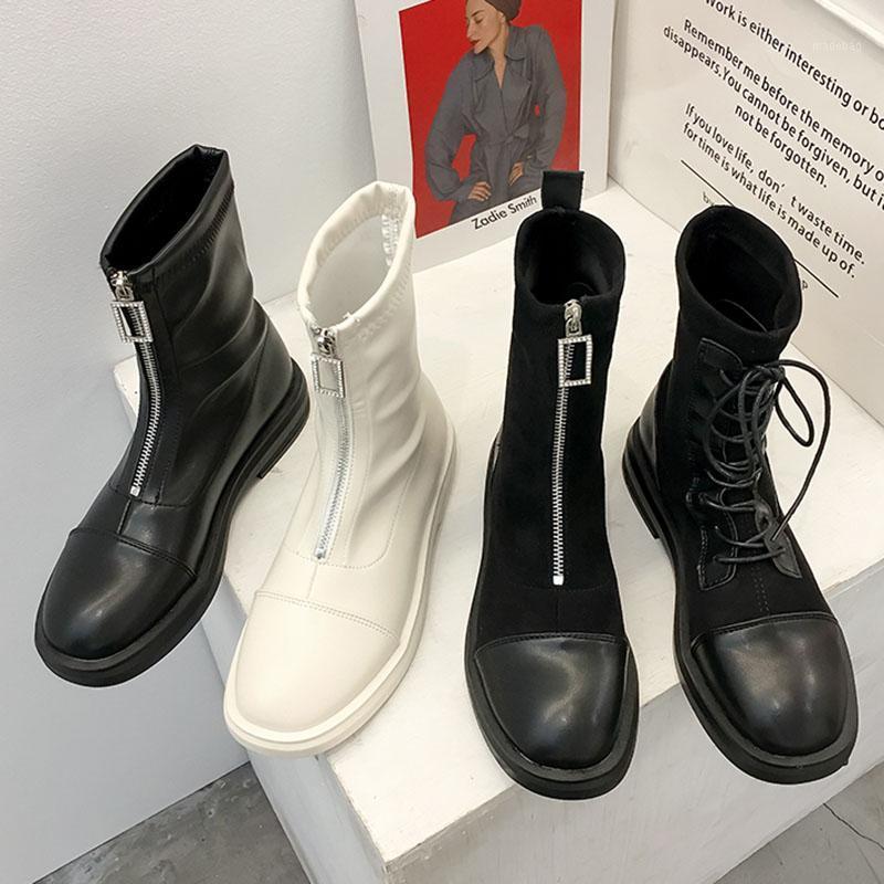 

3-Style Crystal front zipper boots women plush winter shoes short ankle botines flock&pu leather lace up riding botas female20201, Black zipper flock