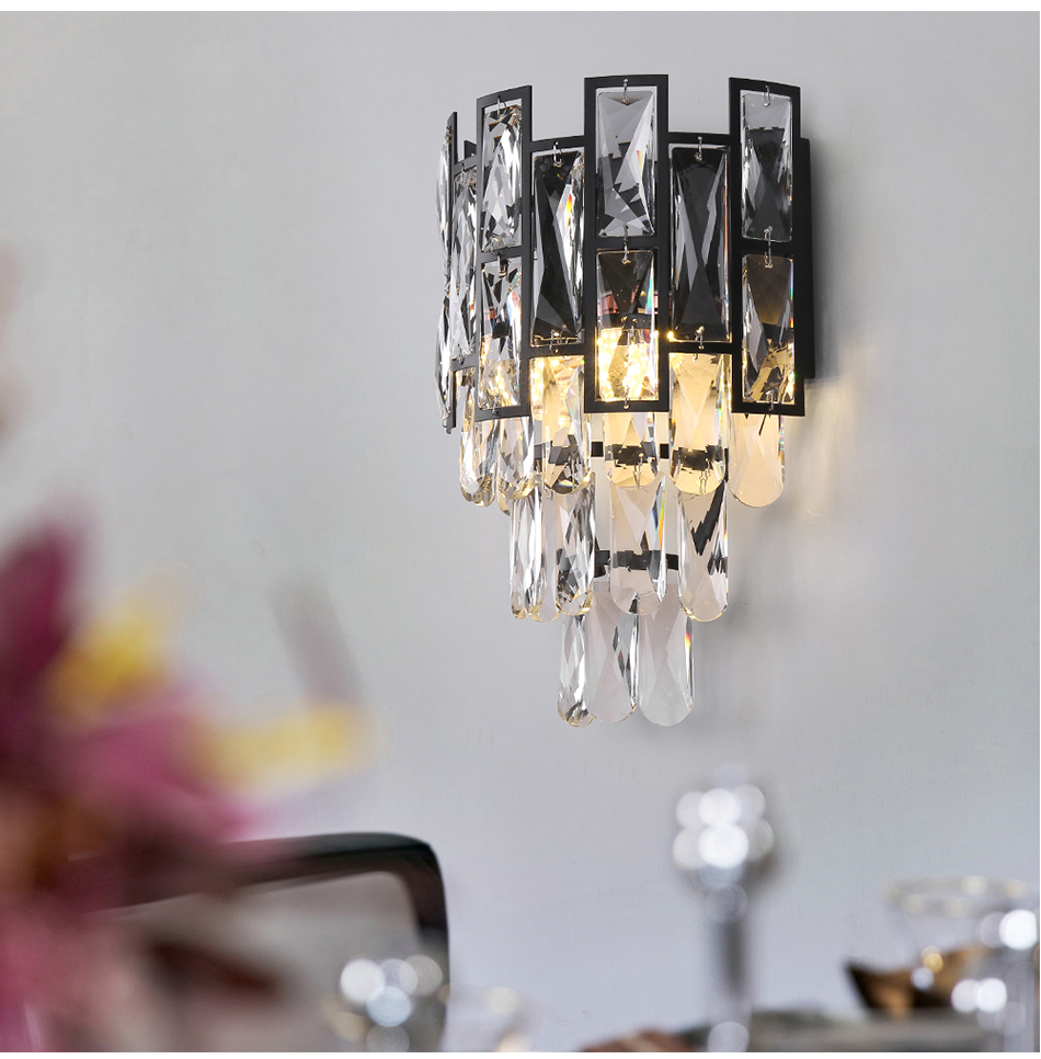 

American crystal wall light black metal design indoor decorations led sconce bedside lamps bathroom mirror light