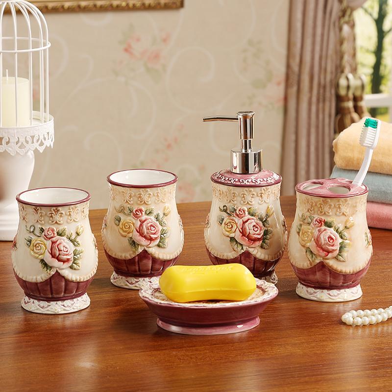 

Emboss Rose Bathroom Set Ceramic Washroom Toilet Suit Toothbrush Holder Conditioner Dispenser Soap Dish Tooth Mug Accessories