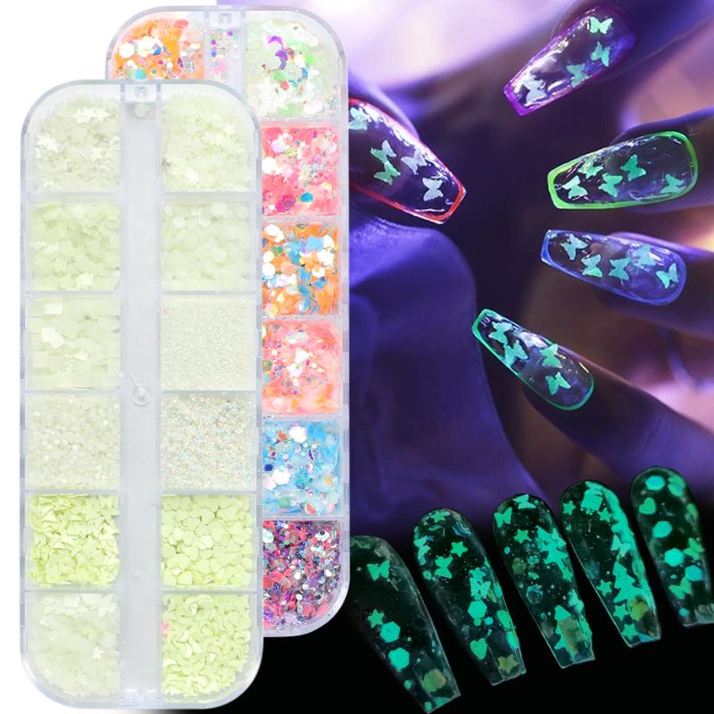 

12 Grids Neon Glitter Sequin Nail Art Luminous Hexagon Butterfly Flake Fluorescent Powder Phosphor Dust Glow Decorations JI1861