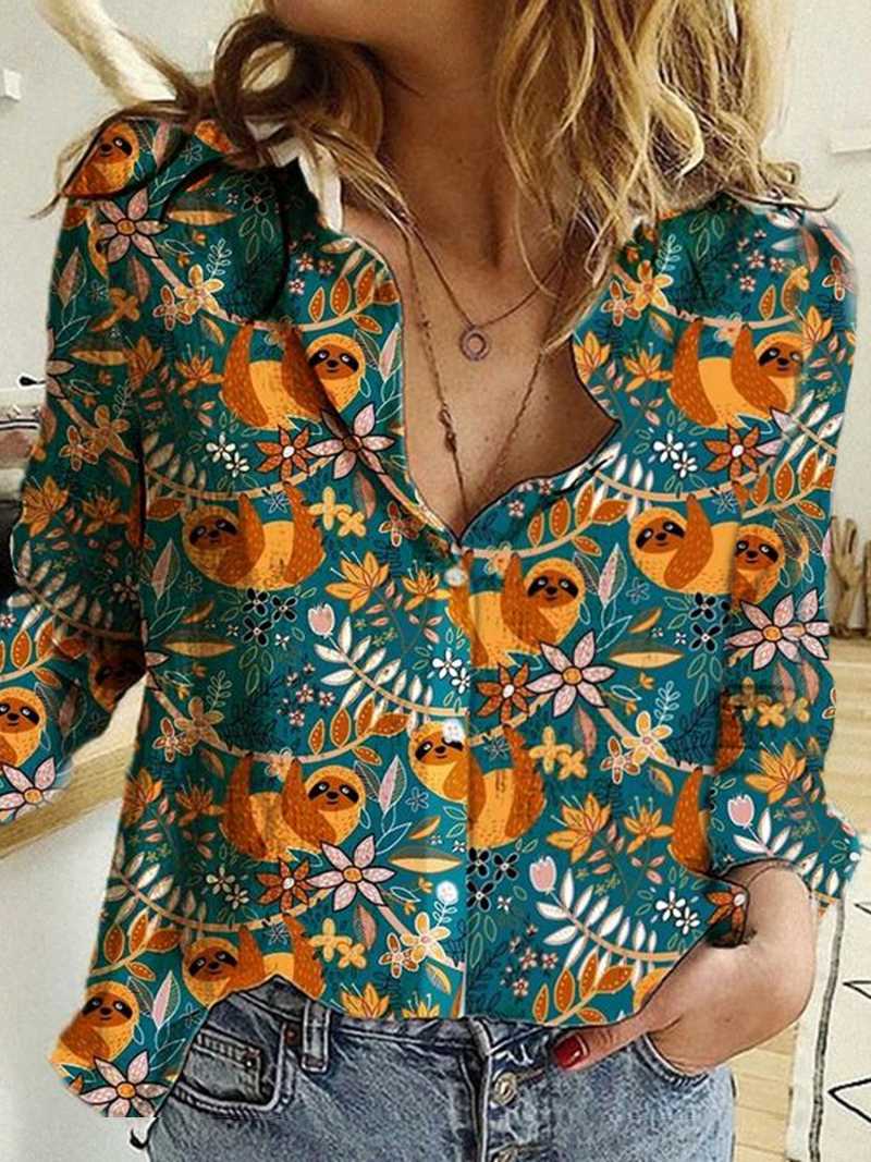 

Fashion loose casual long-sleeved shirt ladies plus size printed shirt women all-match blouse, Blue