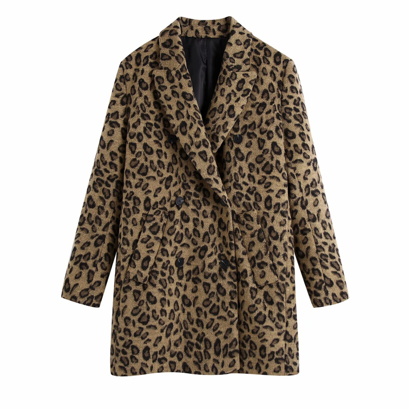 

Puwd woman vintage leopard blazer wool coat 2020 fashion ladies standard animal autumn outerwear dual womanhood breasted coats, Brown