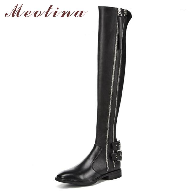

Meotina 2020 Winter Over the Knee Boots Rivets Motorcycle Boots Fashion Real Leather Riding Buckle Thick Heel Zipper Black1, Black velvet lining